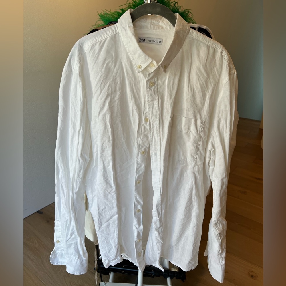 Zara White Linen Long Sleeve Button Down Shirt XL